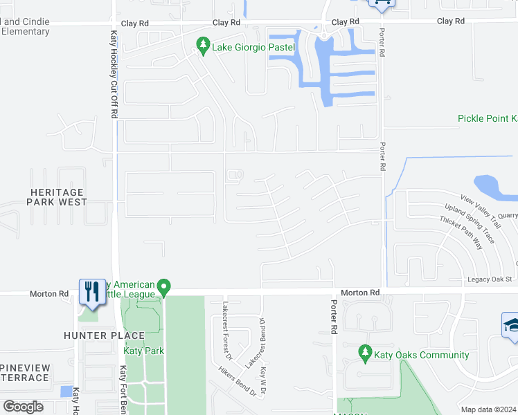 map of restaurants, bars, coffee shops, grocery stores, and more near 24327 Amaldi Court in Katy
