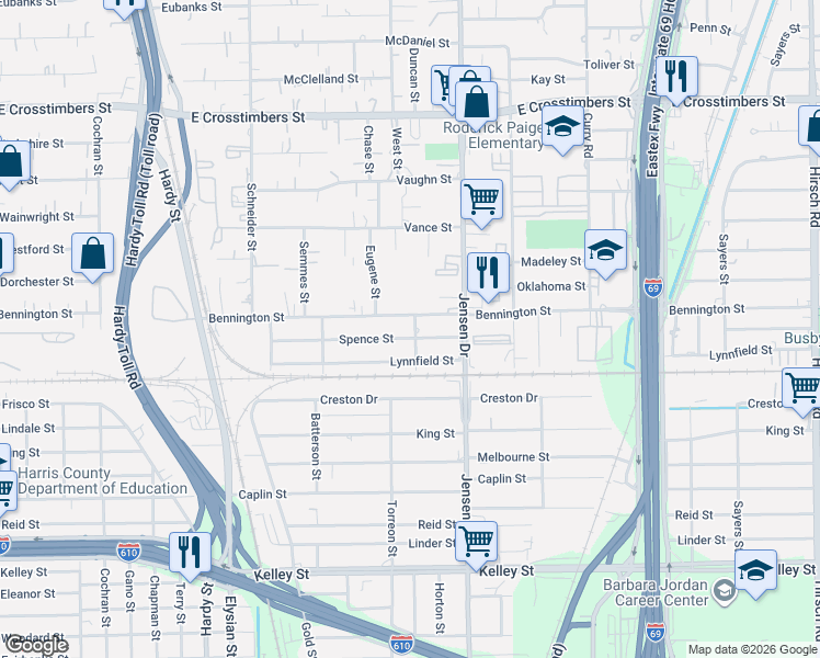map of restaurants, bars, coffee shops, grocery stores, and more near 6809 Cours Street in Houston