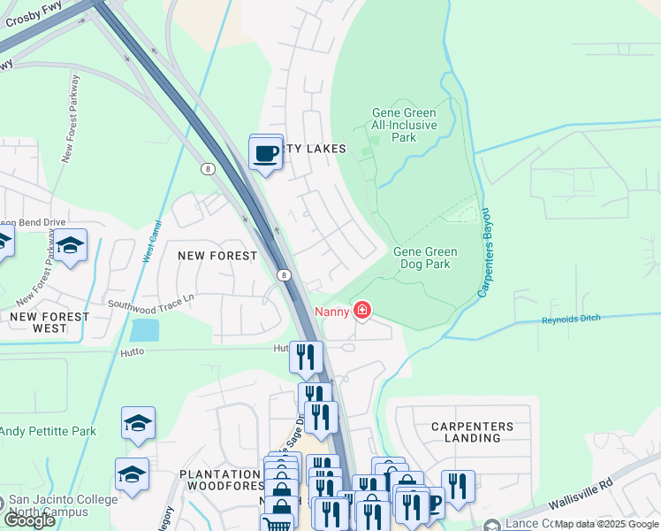 map of restaurants, bars, coffee shops, grocery stores, and more near 15547 Liberty Cypress Ct in Houston
