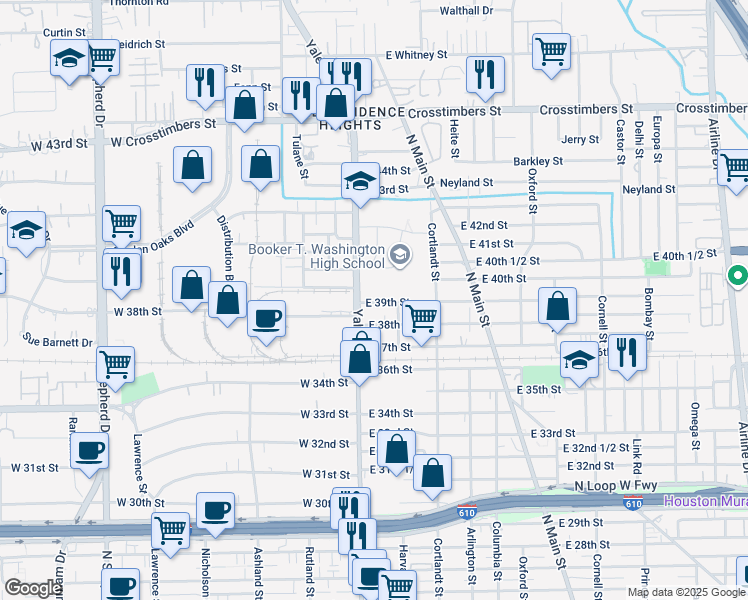 map of restaurants, bars, coffee shops, grocery stores, and more near 41 East 39th Street in Houston