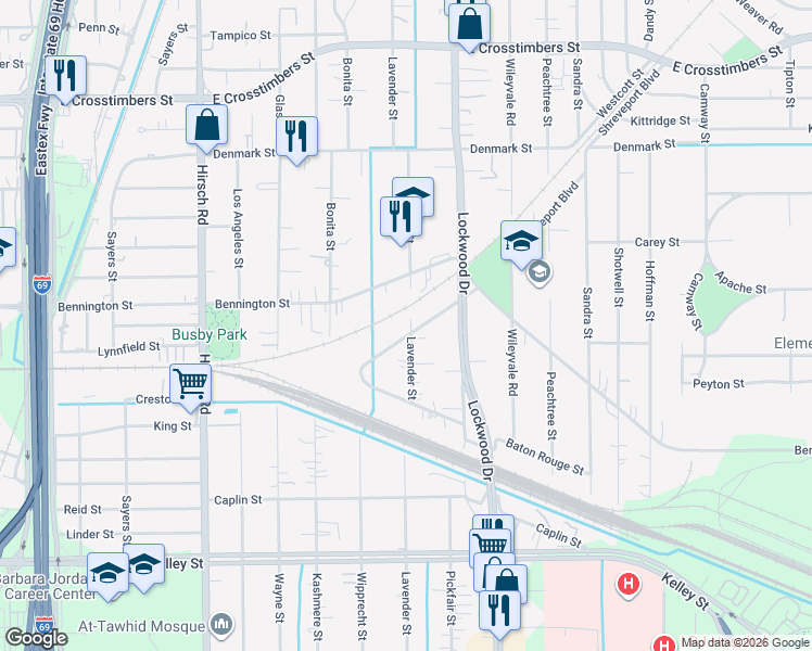 map of restaurants, bars, coffee shops, grocery stores, and more near 6809 Lavender Street in Houston