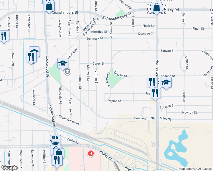 map of restaurants, bars, coffee shops, grocery stores, and more near 6905 Camway Street in Houston
