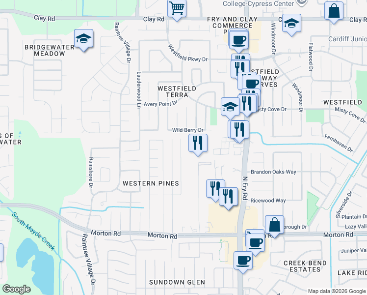 map of restaurants, bars, coffee shops, grocery stores, and more near 3526 Terry Lane in Katy