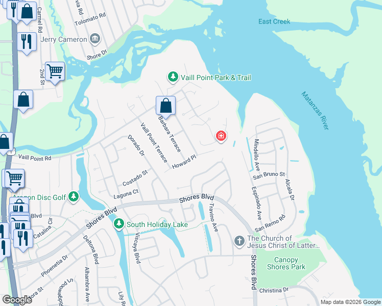 map of restaurants, bars, coffee shops, grocery stores, and more near 620 Howard Place in St. Augustine