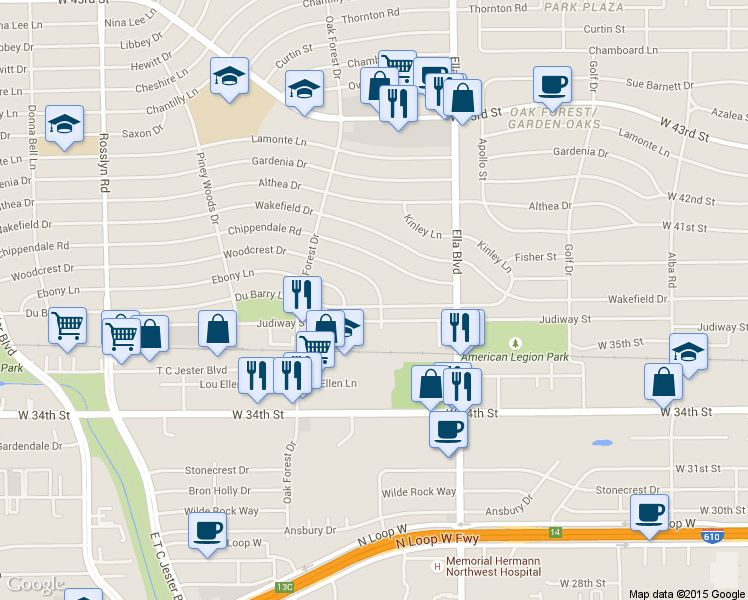 map of restaurants, bars, coffee shops, grocery stores, and more near 1308 Du Barry Lane in Houston