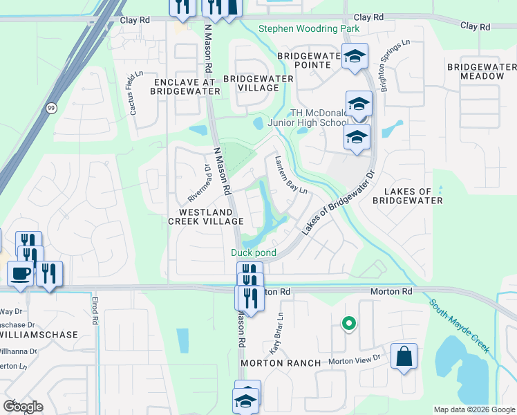 map of restaurants, bars, coffee shops, grocery stores, and more near 21702 Haverbay Court in Katy