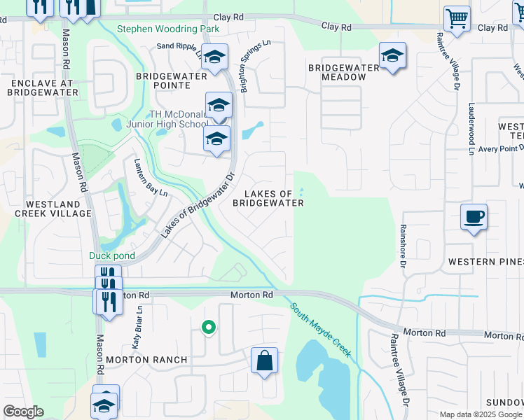 map of restaurants, bars, coffee shops, grocery stores, and more near 3602 Stacy Park Circle in Katy