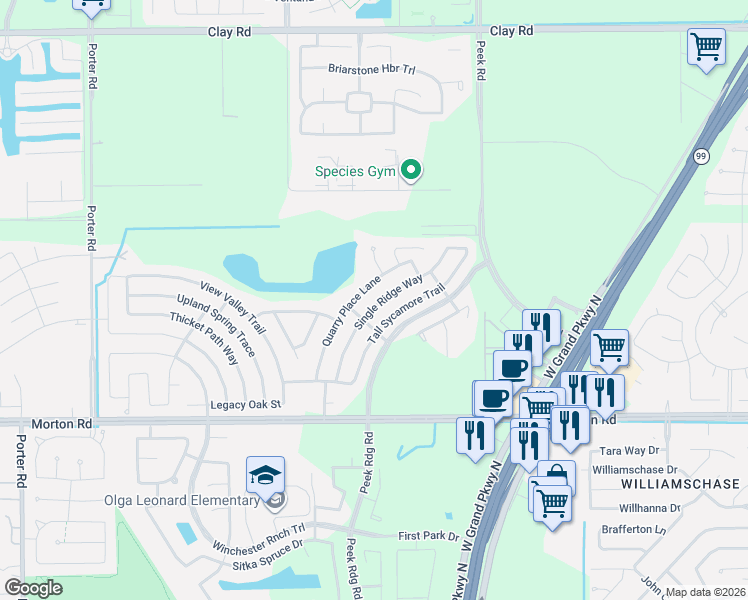 map of restaurants, bars, coffee shops, grocery stores, and more near 3319 Single Ridge Way in Katy