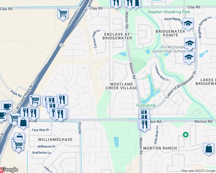 map of restaurants, bars, coffee shops, grocery stores, and more near 22207 Woodseem Court in Katy