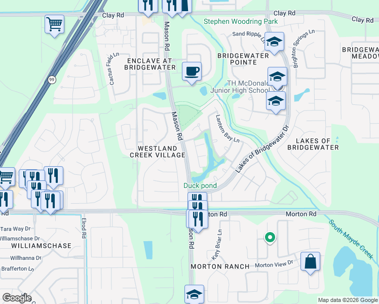 map of restaurants, bars, coffee shops, grocery stores, and more near 3234 North Mason Road in Katy