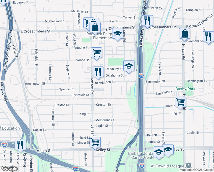 map of restaurants, bars, coffee shops, grocery stores, and more near 6805 Della Street in Houston