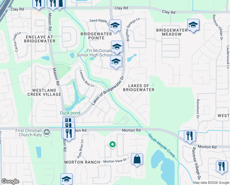 map of restaurants, bars, coffee shops, grocery stores, and more near 21339 Riverside Ridge Lane in Katy