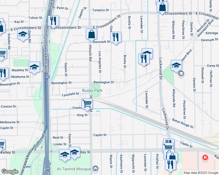 map of restaurants, bars, coffee shops, grocery stores, and more near 4318 Bennington Street in Houston