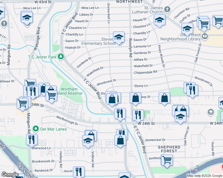 map of restaurants, bars, coffee shops, grocery stores, and more near 2015 Ebony Lane in Houston