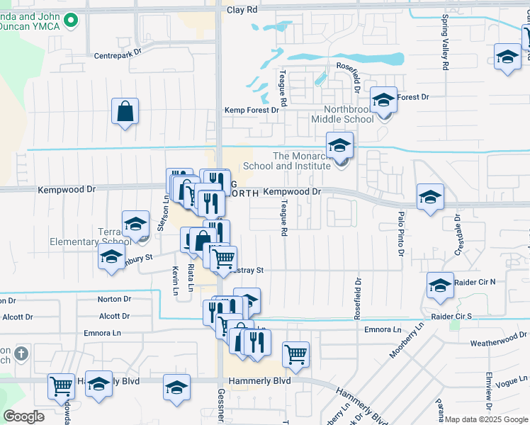 map of restaurants, bars, coffee shops, grocery stores, and more near 10101 Kempwood Drive in Houston