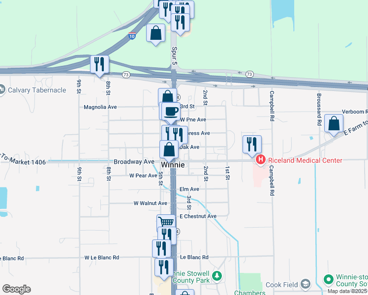 map of restaurants, bars, coffee shops, grocery stores, and more near 502 Oak Avenue in Winnie