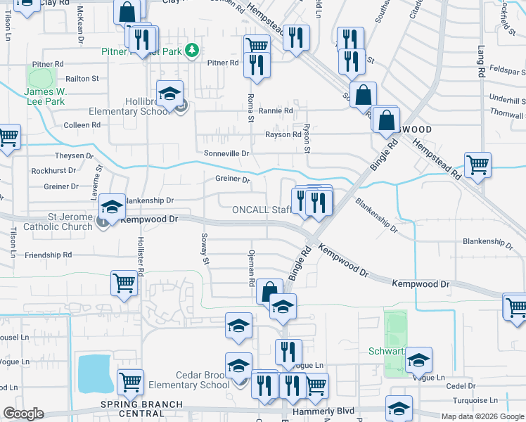 map of restaurants, bars, coffee shops, grocery stores, and more near 8603 Forest Grove Drive in Houston
