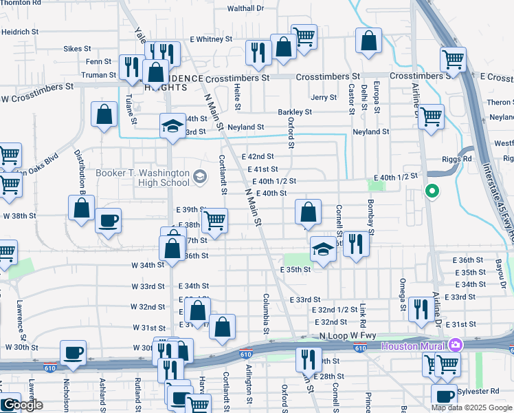 map of restaurants, bars, coffee shops, grocery stores, and more near 7902 North Main Street in Houston