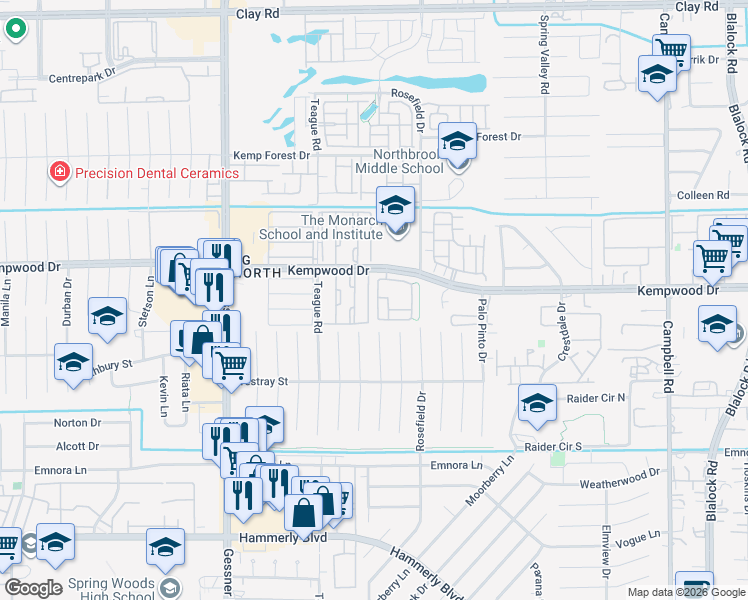 map of restaurants, bars, coffee shops, grocery stores, and more near 10004 Spring Shadows Park Circle in Houston