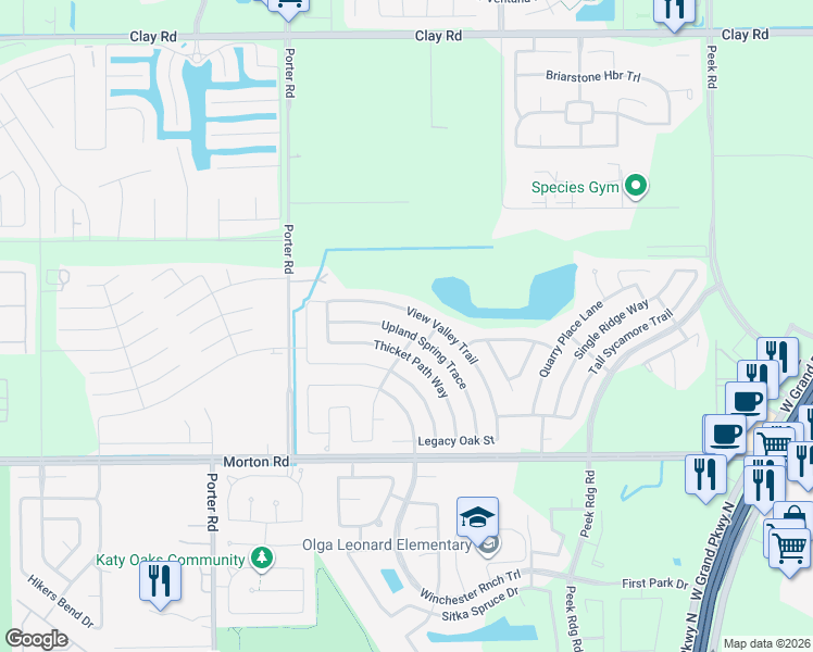 map of restaurants, bars, coffee shops, grocery stores, and more near 3214 Upland Spring Trace in Katy