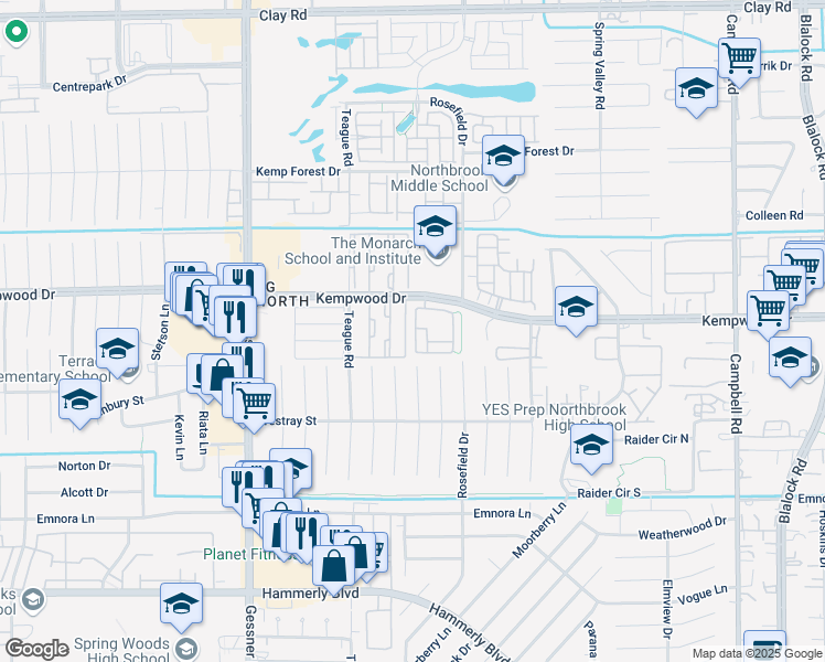 map of restaurants, bars, coffee shops, grocery stores, and more near 10004 Spring Shadows Park Circle in Houston