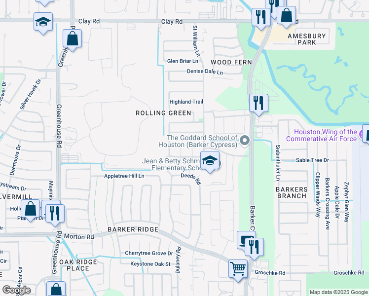 map of restaurants, bars, coffee shops, grocery stores, and more near 3514 Colmar Way in Houston