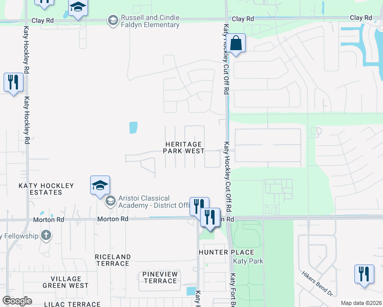 map of restaurants, bars, coffee shops, grocery stores, and more near 3315 Berzin Court in Katy