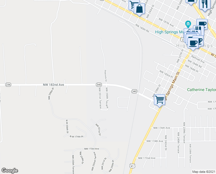 map of restaurants, bars, coffee shops, grocery stores, and more near 18183 Northwest 250th Terrace in High Springs