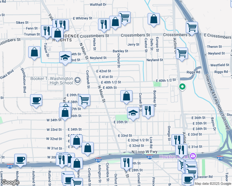 map of restaurants, bars, coffee shops, grocery stores, and more near 601 East 39th Street in Houston