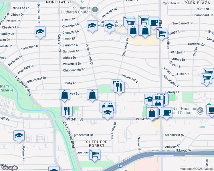map of restaurants, bars, coffee shops, grocery stores, and more near 1403 Du Barry Lane in Houston