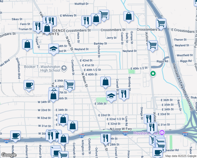 map of restaurants, bars, coffee shops, grocery stores, and more near 601 East 39th Street in Houston