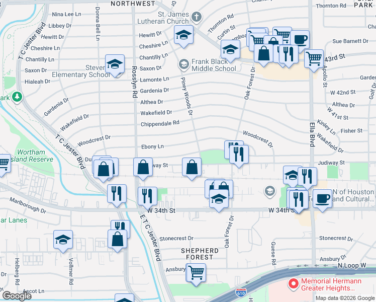 map of restaurants, bars, coffee shops, grocery stores, and more near 1630 Du Barry Lane in Houston