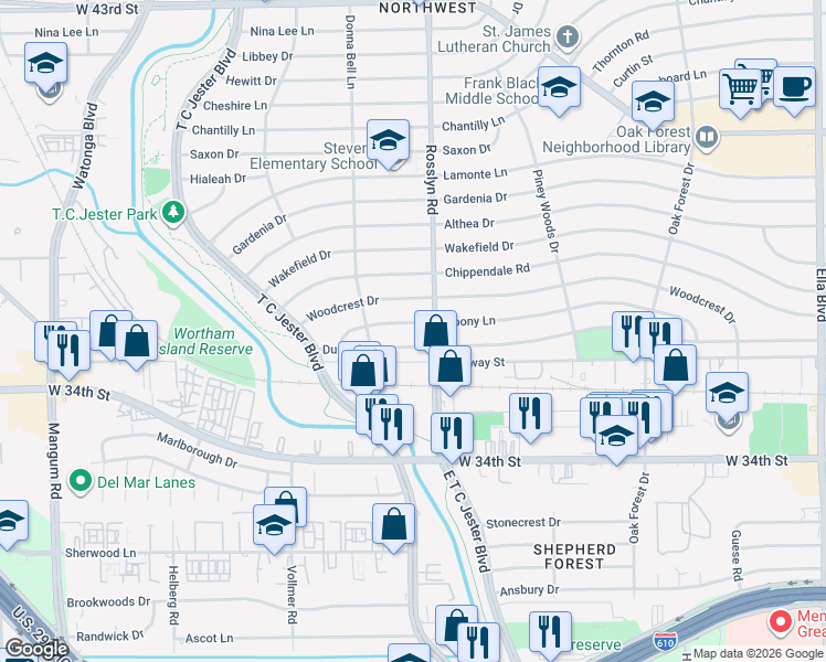 map of restaurants, bars, coffee shops, grocery stores, and more near 1807 Ebony Lane in Houston