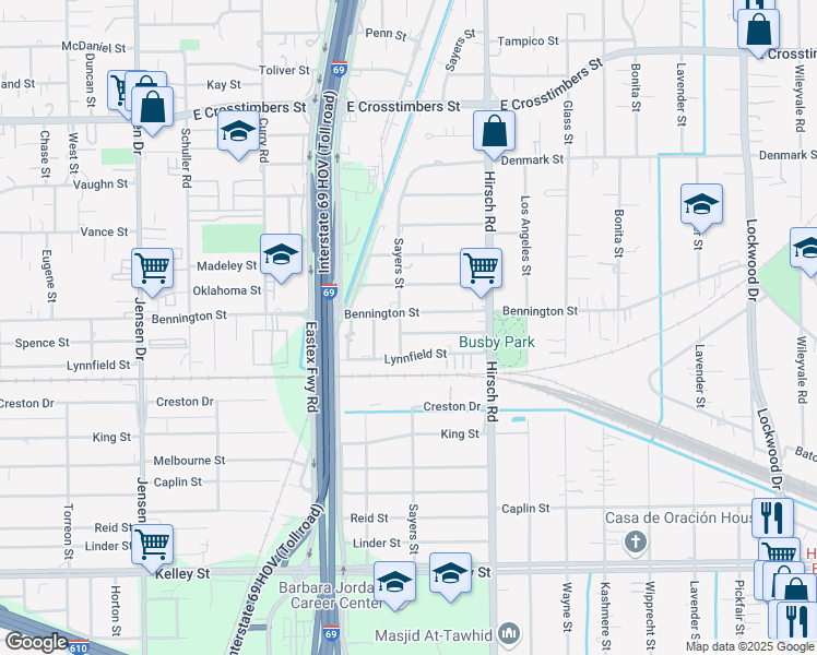 map of restaurants, bars, coffee shops, grocery stores, and more near 6802 Sayers Street in Houston