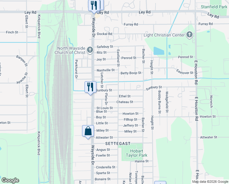 map of restaurants, bars, coffee shops, grocery stores, and more near 7984 Sunbury Street in Houston