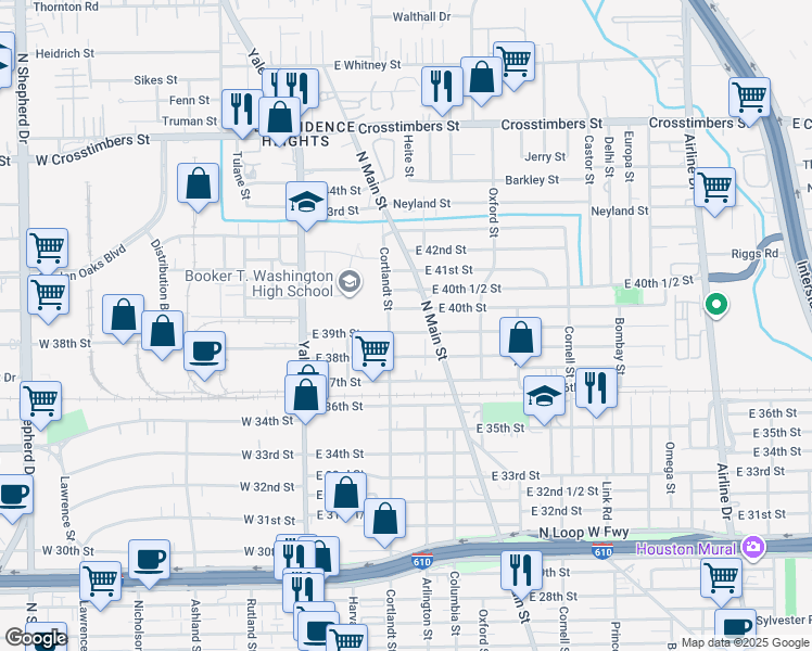 map of restaurants, bars, coffee shops, grocery stores, and more near 315 East 39th Street in Houston
