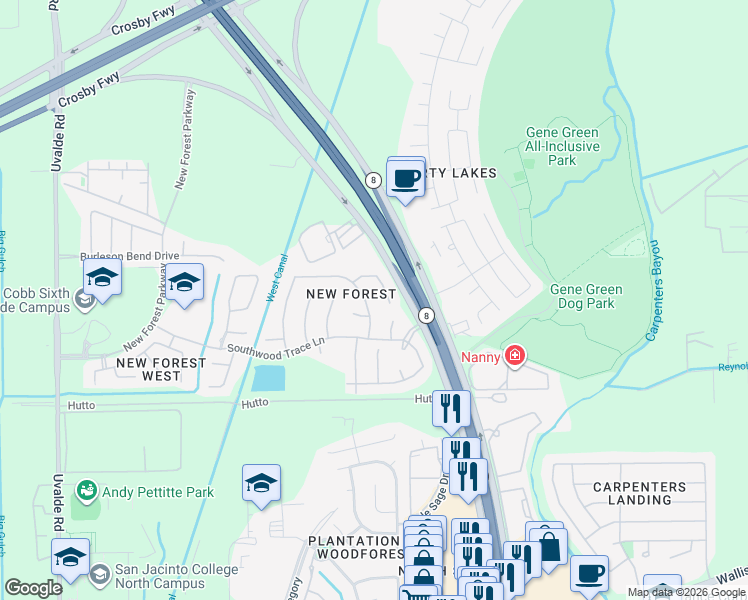 map of restaurants, bars, coffee shops, grocery stores, and more near 6726 Russelfield Lane in Houston