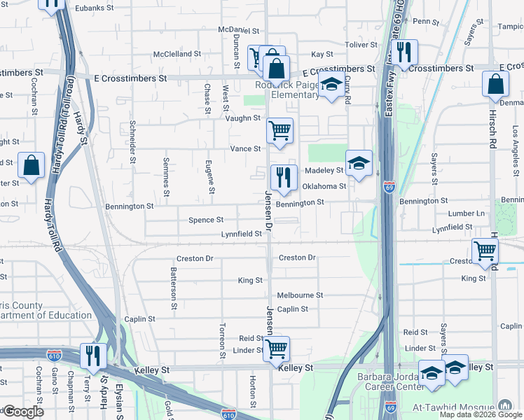 map of restaurants, bars, coffee shops, grocery stores, and more near 6815 Jensen Drive in Houston