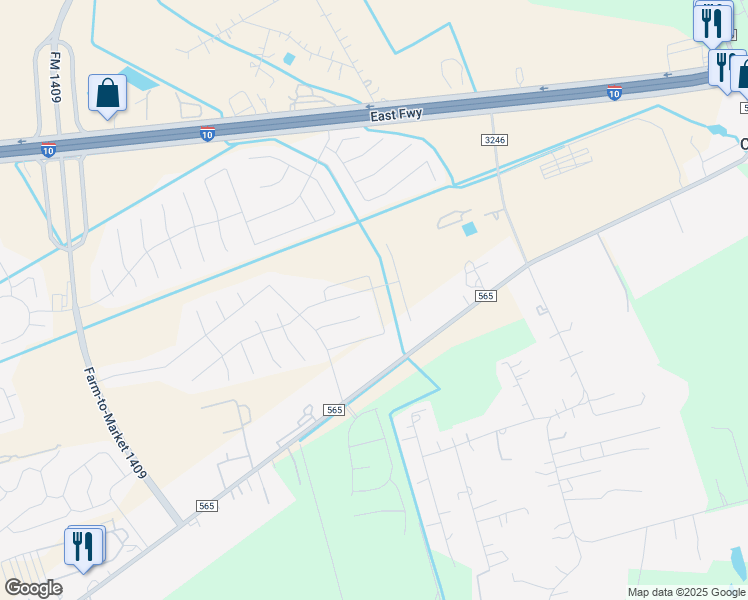 map of restaurants, bars, coffee shops, grocery stores, and more near 15038 Diamond Way in Baytown