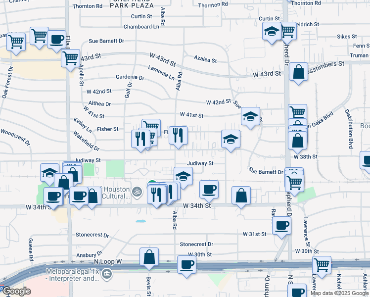 map of restaurants, bars, coffee shops, grocery stores, and more near 876a Wakefield Drive in Houston