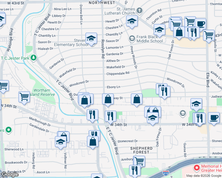 map of restaurants, bars, coffee shops, grocery stores, and more near 1733 Ebony Lane in Houston