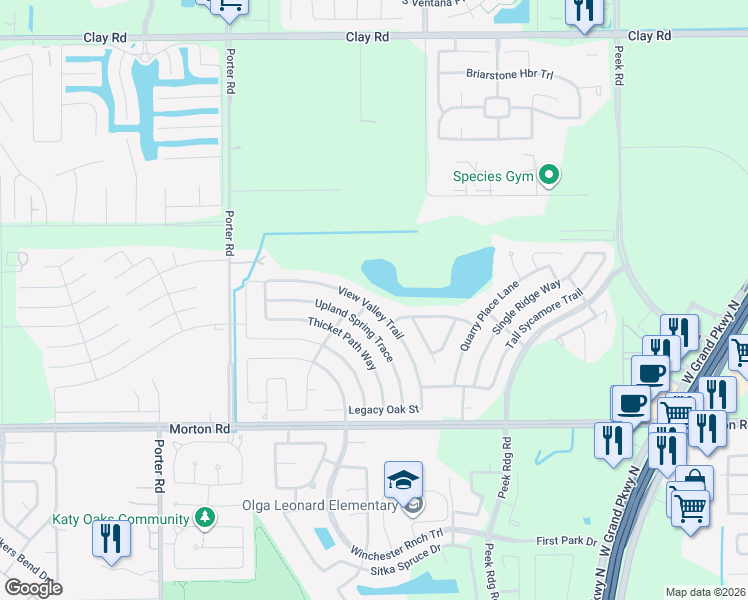 map of restaurants, bars, coffee shops, grocery stores, and more near 3166 View Valley Trail in Katy
