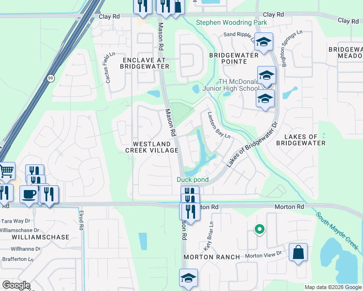 map of restaurants, bars, coffee shops, grocery stores, and more near 3234 North Mason Road in Katy