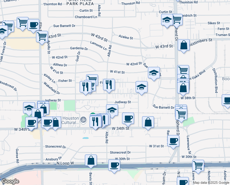 map of restaurants, bars, coffee shops, grocery stores, and more near 868 Wakefield Drive in Houston