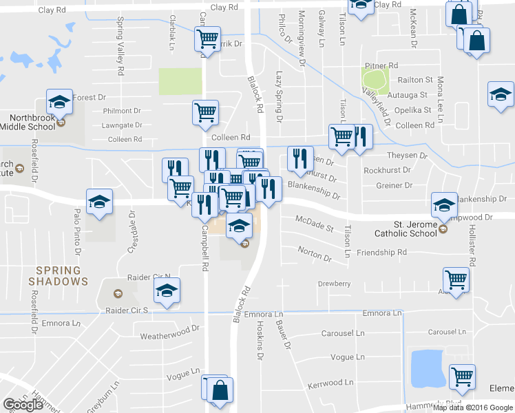 map of restaurants, bars, coffee shops, grocery stores, and more near 9405 Kempwood Drive in Houston