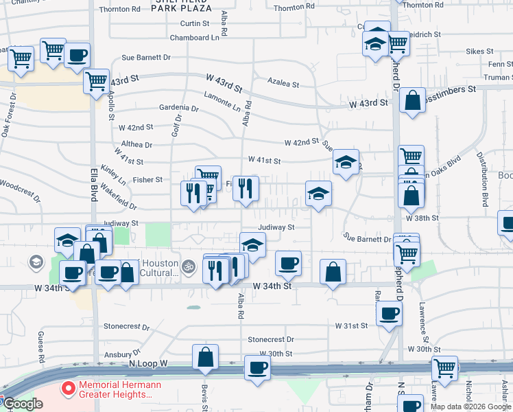 map of restaurants, bars, coffee shops, grocery stores, and more near 876a Wakefield Drive in Houston