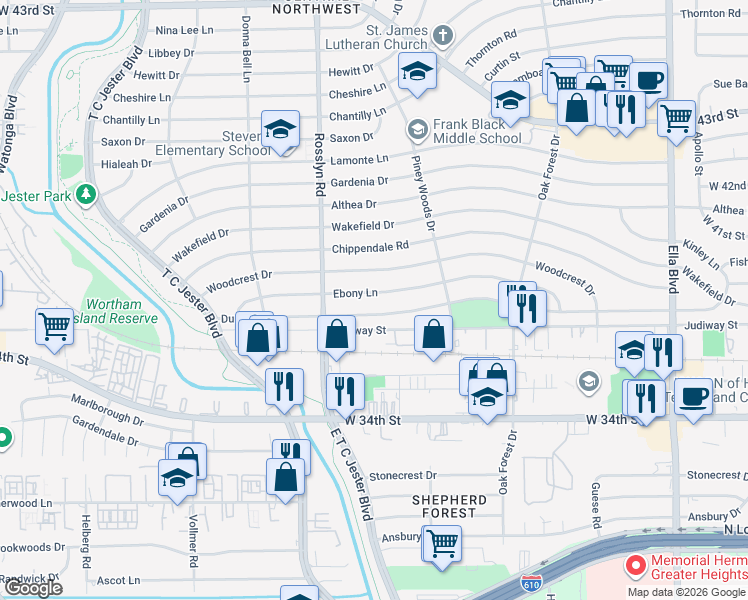 map of restaurants, bars, coffee shops, grocery stores, and more near 1702 Du Barry Lane in Houston