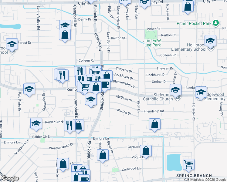 map of restaurants, bars, coffee shops, grocery stores, and more near 9274 McDade Street in Houston