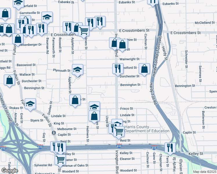 map of restaurants, bars, coffee shops, grocery stores, and more near 716 Bennington Street in Houston