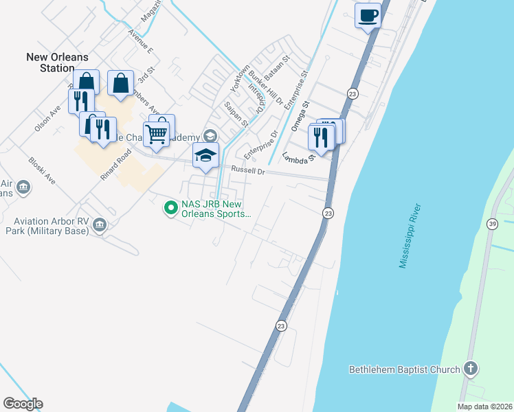 map of restaurants, bars, coffee shops, grocery stores, and more near 111 Gondrella Drive in Belle Chasse